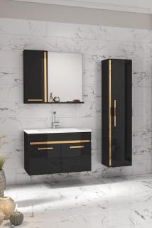 Yeni Gold Siyah (80 35) 115 Cm Aynalı Boy Dolaplı Lavabolu Mdf Banyo Dolabı Seti**hazır Kurulu**